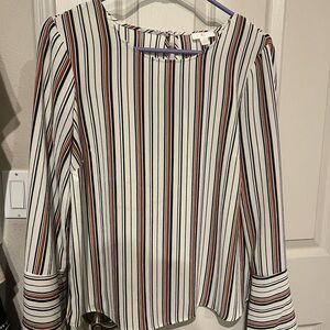 Charming Charlie White and Brown Boxy Blouse with Cuffed 3/4 Sleeves